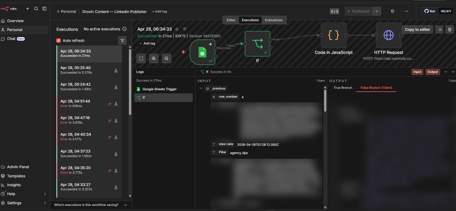 n8n executions panel showing successful and error runs, with Google Sheets trigger feeding If condition to JS code and HTTP request to Typefully