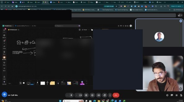 Live screen-share session with whiteboard sketching workflow architecture and a client task list