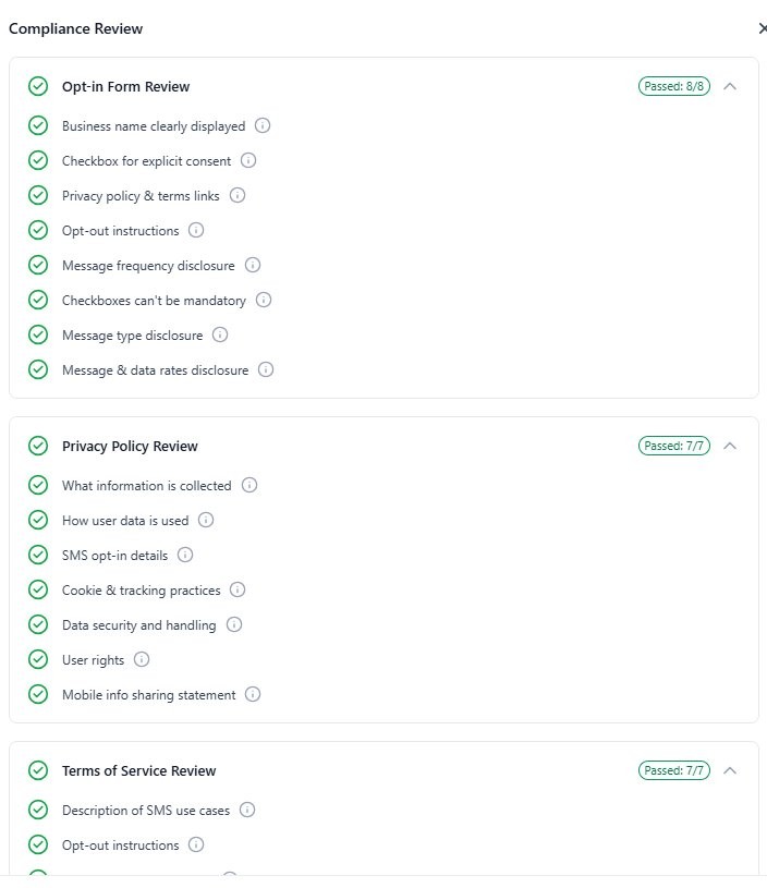 Compliance Review showing Opt-in Form Review 8/8, Privacy Policy Review 7/7, Terms of Service Review 7/7 all passed