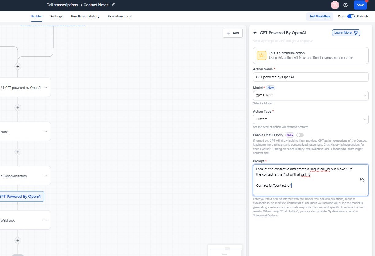 GHL workflow node configuration showing GPT-5 Mini model with custom prompt referencing contact ID
